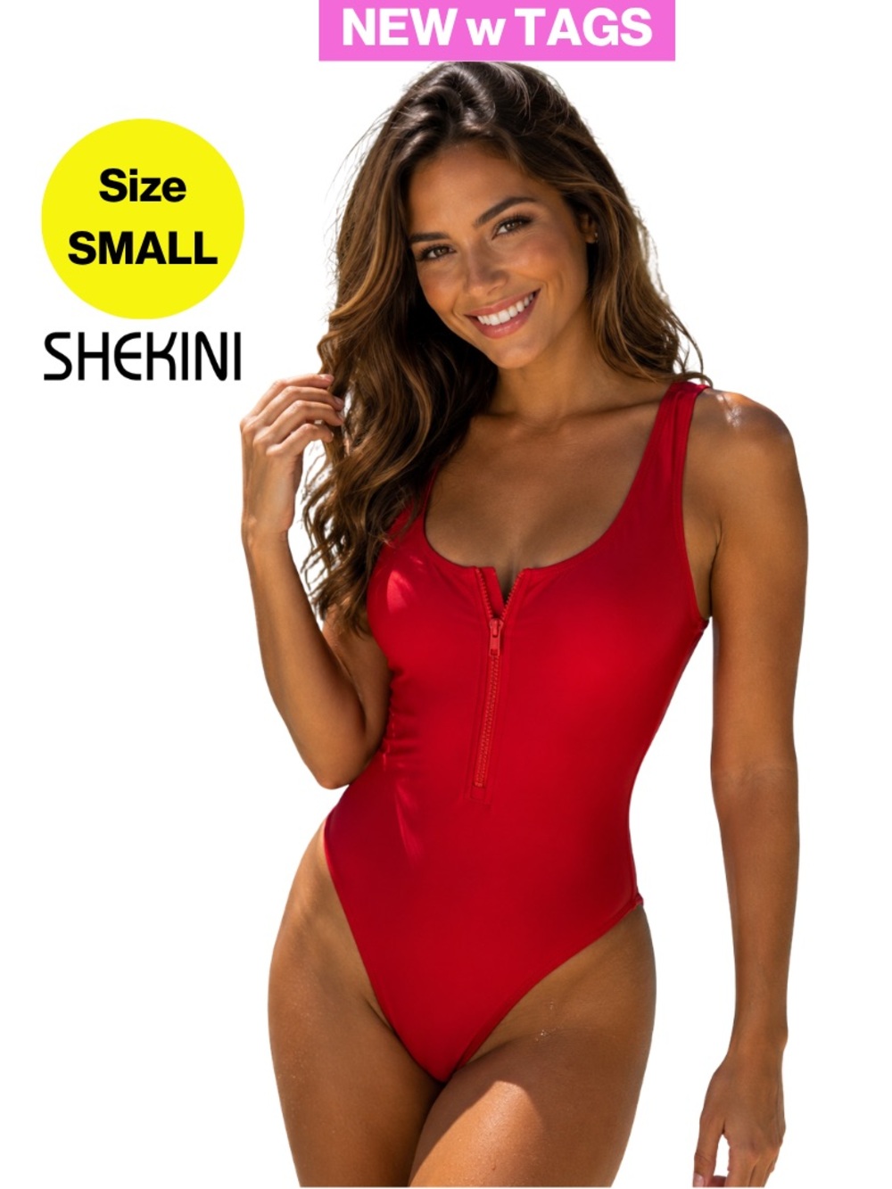 NEW w TAGS 🏷️ 2/for $20 🪩 SHEKINI Red Zippered One-Piece Swimsuit (Small)
